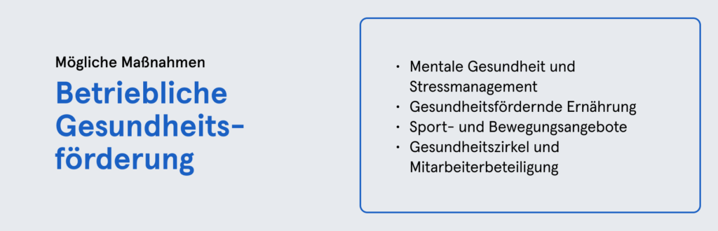 Betriebliches Gesundheitsmanagement Beispiele: Betriebliche Gesundheitsförderung (BGF)