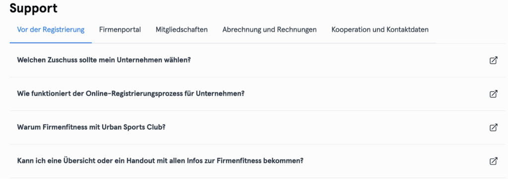Supportbereich im Urban Sports Club Firmenportal